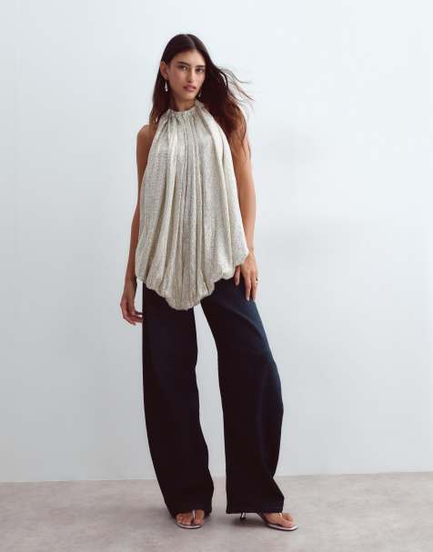 ARRANGE ruched longline sequin halter top in silver