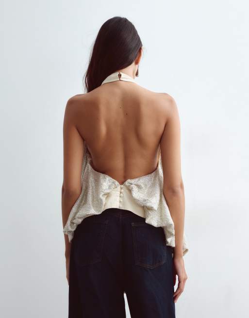 ARRANGE ruched longline sequin halter top in silver, 3 of 4