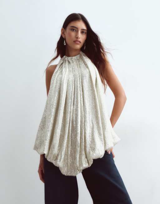 ARRANGE ruched longline sequin halter top in silver, 4 of 4