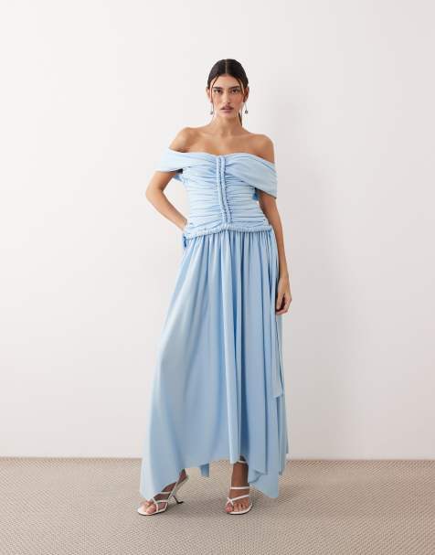 ARRANGE ruched off the shoulder maxi dress in duck-egg blue - view 1