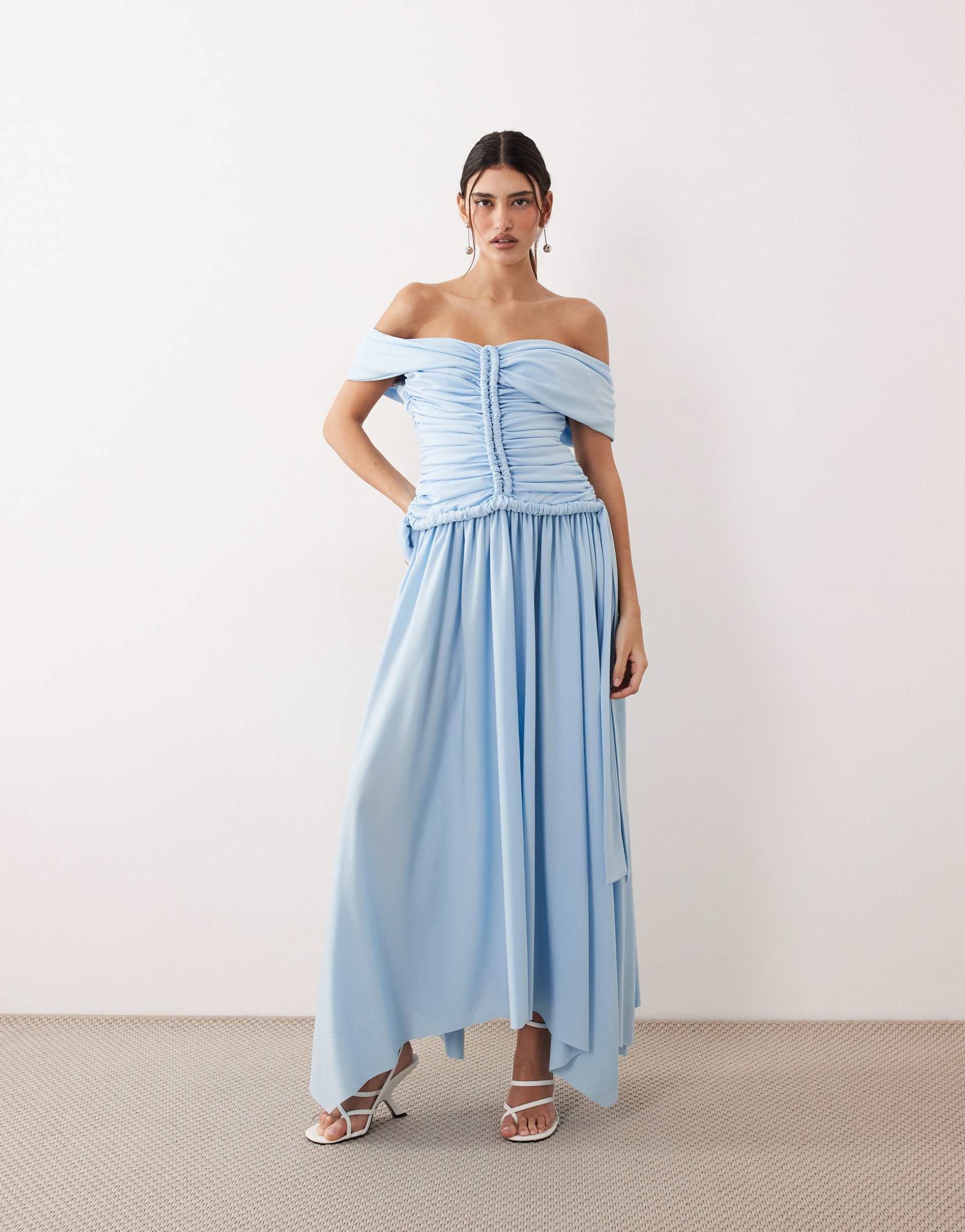 arrange ruched off the shoulder maxi dress in duck-egg blue