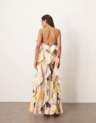 ARRANGE ruffle maxi slip dress with bias cut skirt in blurred floral | ASOS