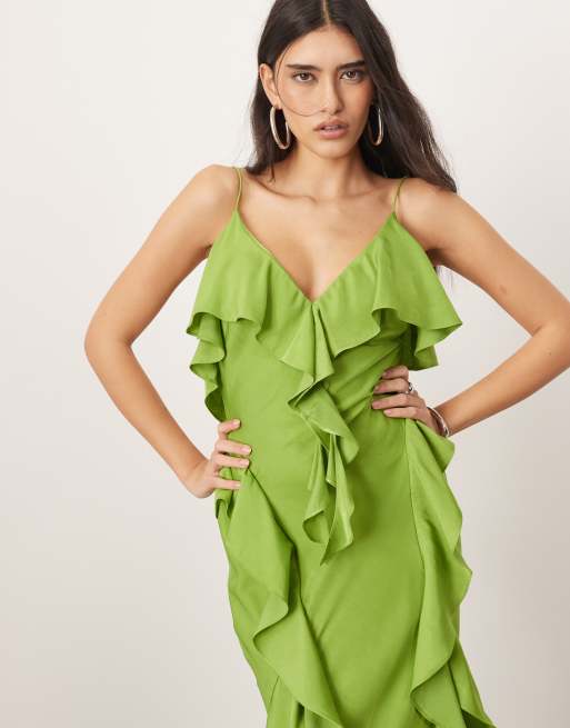 ARRANGE ruffle maxi slip dress with bias skirt in green | ASOS