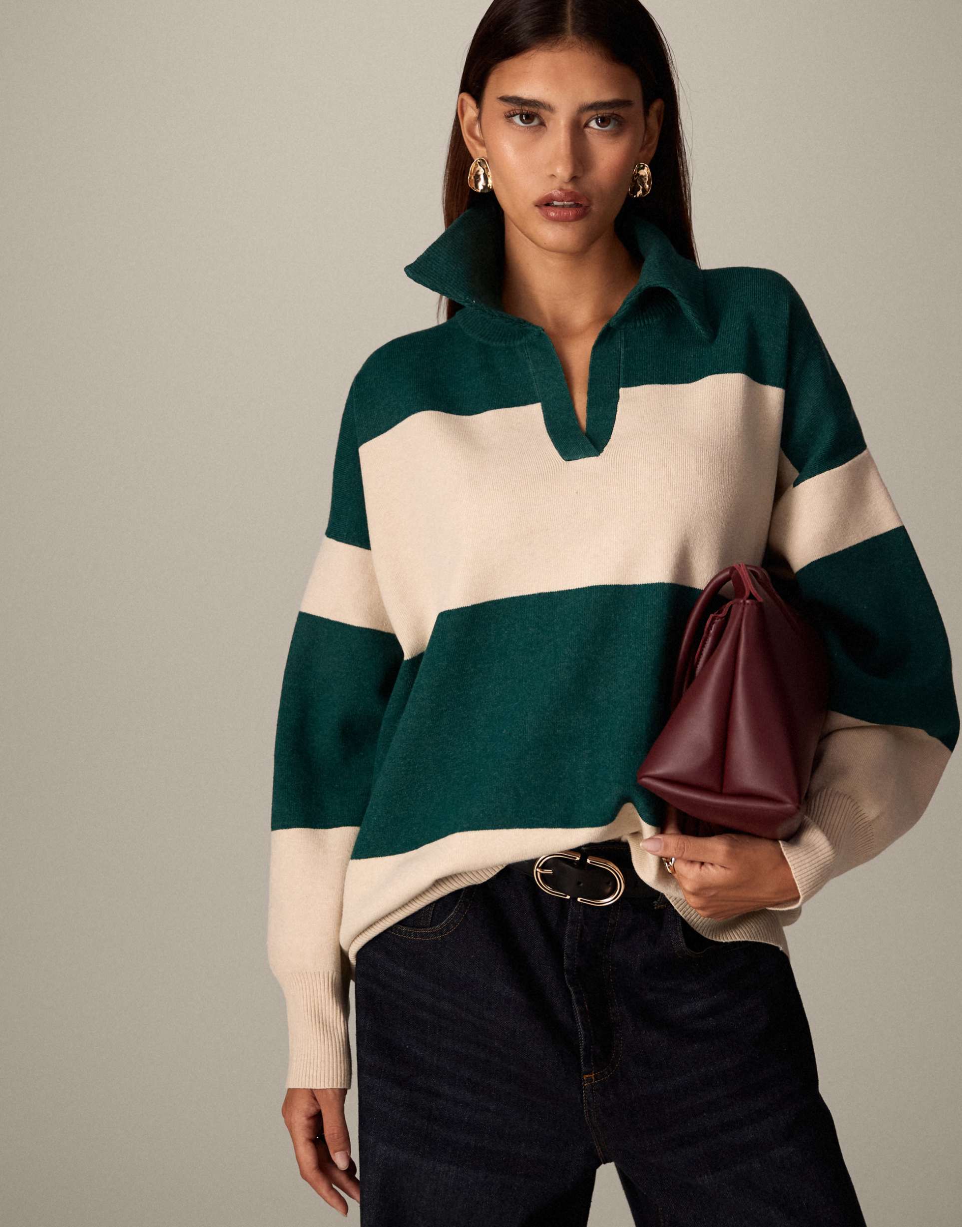 arrange rugby knit collar oversized sweater in ivory and forest green stripes