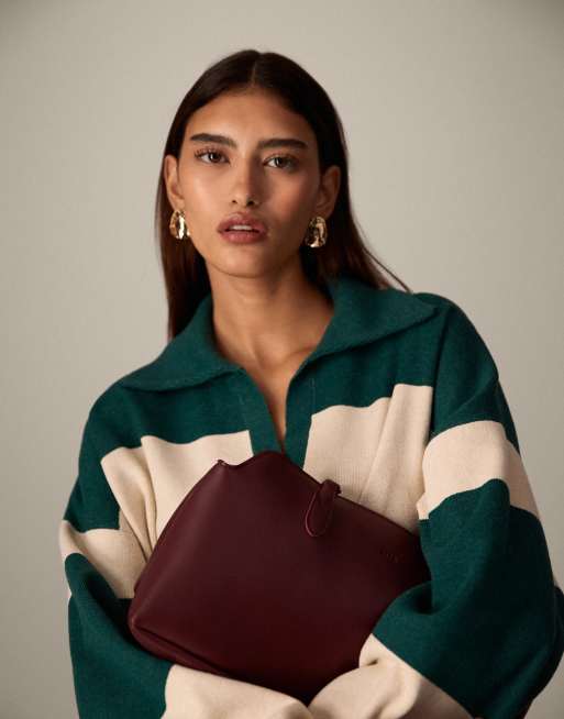 ARRANGE compact stripe knit collar oversized sweater in ivory and forest green