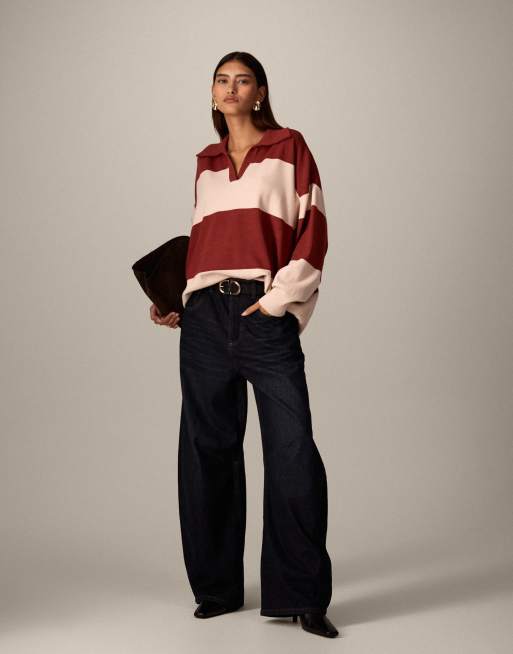 ARRANGE compact striped knit collar oversized sweater in red and cream