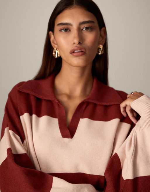 ARRANGE compact striped knit collar oversized sweater in red and cream
