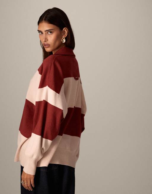 ARRANGE compact striped knit collar oversized sweater in red and cream
