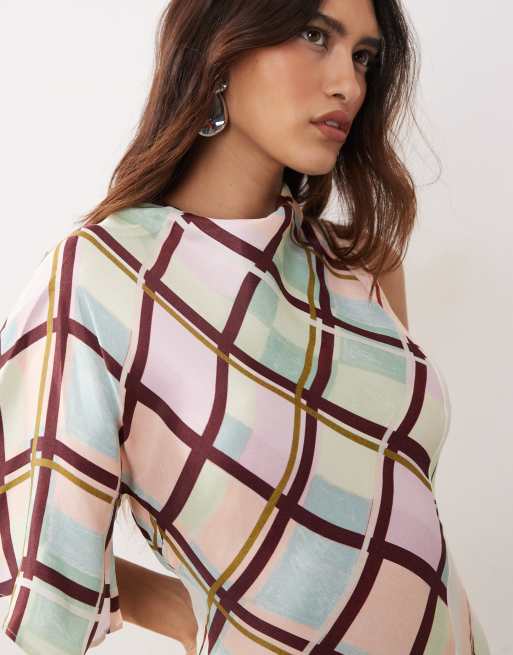 ARRANGE – Rutig, asymmetrisk maxiklänning med draperad ringning, 3 av 4