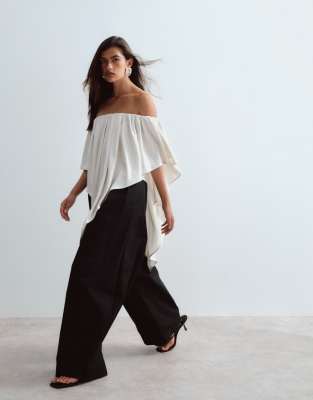Arrange Satin Bardot Top With Hanky Hem In White
