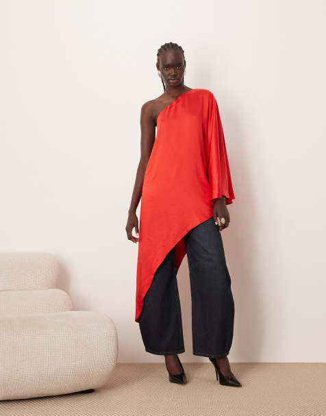 ARRANGE satin drape asymmetric one shoulder top in red - view 1