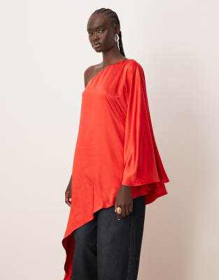 Arrange Satin Drape Asymmetric One Shoulder Top In Red