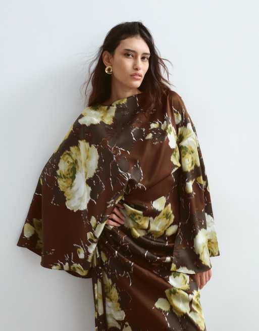 ARRANGE satin drape long sleeve maxi dress in chocolate floral print, 2 of 4