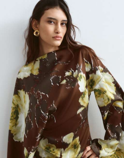 ARRANGE satin drape long sleeve maxi dress in chocolate floral print, 4 of 4