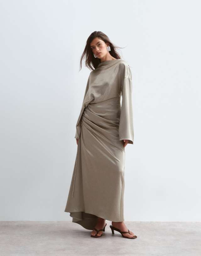 ARRANGE satin drape long sleeve maxi dress in gold
