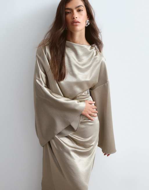 ARRANGE satin drape long sleeve maxi dress in gold, 3 of 4