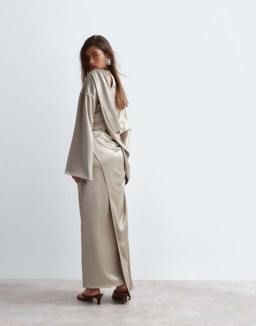 ARRANGE satin drape long sleeve maxi dress in gold, 4 of 4