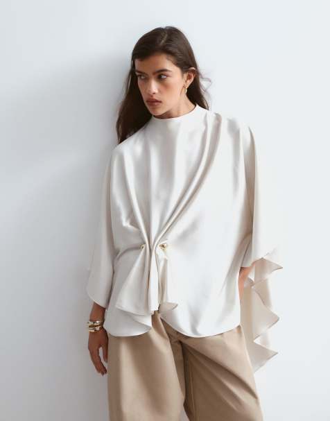 ARRANGE satin drape top with hardware detail in oyster - view 1