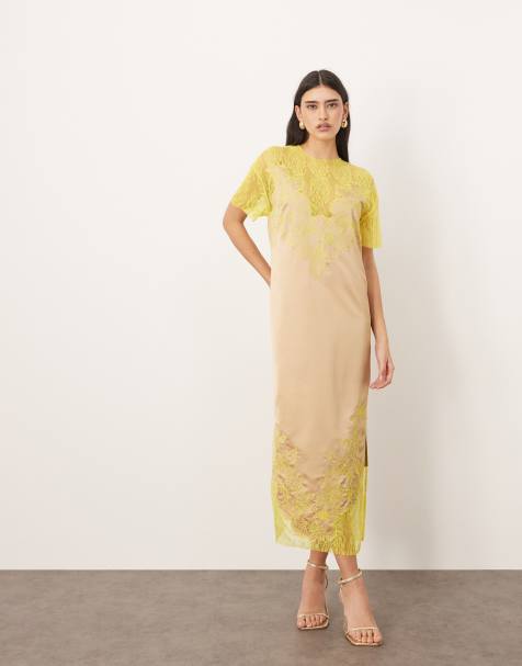ARRANGE satin embroidered lace applique column midi dress in taupe and lime - view 1