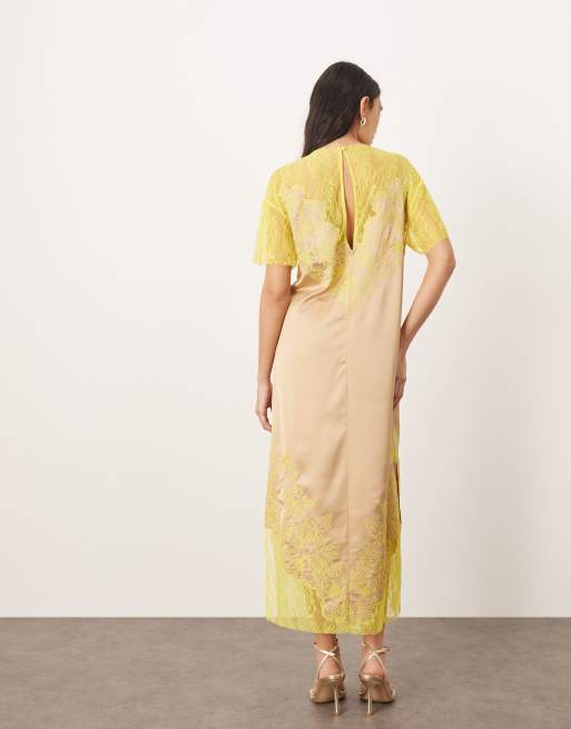 ARRANGE satin embroidered lace applique column midi dress in taupe and lime, 4 of 4