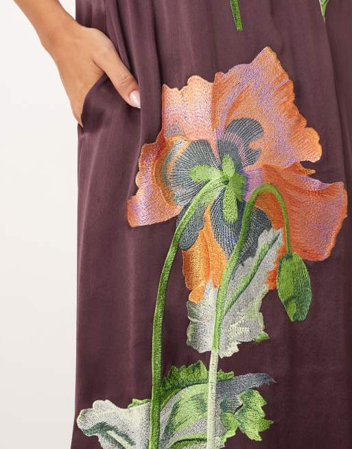 ARRANGE satin floral embroidered t-shirt maxi dress in chocolate, 3 of 4