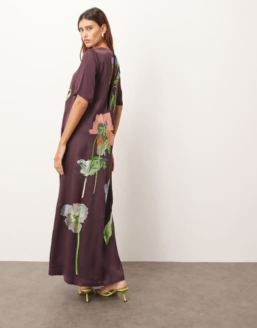 ARRANGE satin floral embroidered t-shirt maxi dress in chocolate