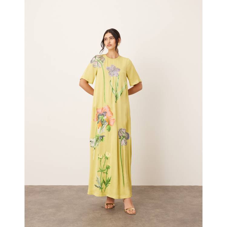 ARRANGE satin floral embroidered T-shirt maxi dress in lime