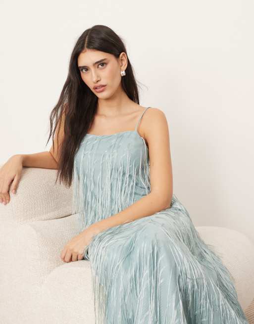 ARRANGE satin fringe bias maxi dress in light blue ASOS