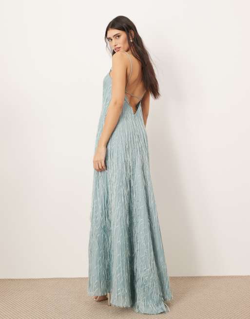 ARRANGE satin fringe bias maxi dress in light blue
