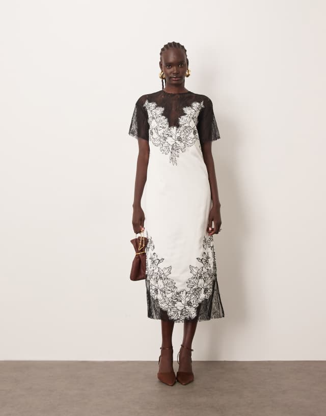 satin ivory midi dress ARRANGE lace applique embroidered column in Bruna ivory