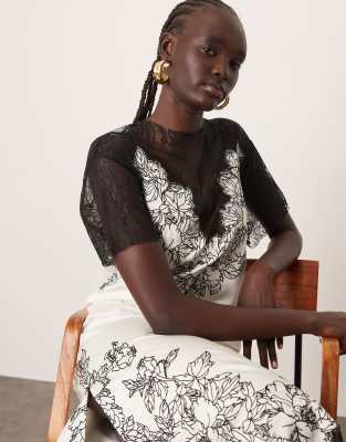 Arrange Curve Satin Lace Applique Embroidered Column Midi Dress In White