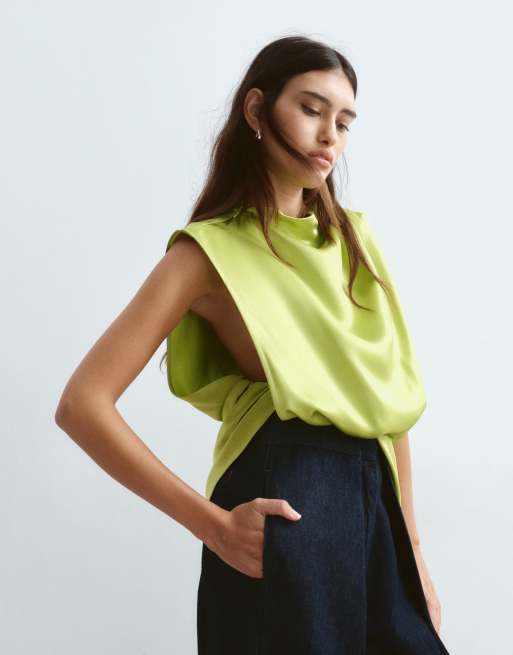 ARRANGE satin minimal drape open side top in lime, 4 of 4