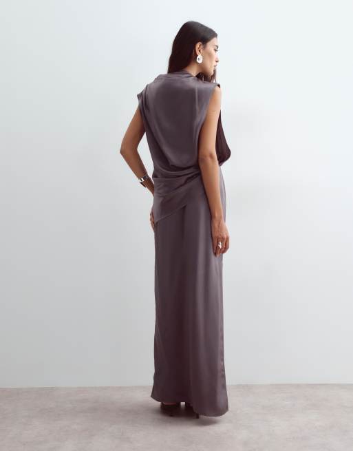 ARRANGE satin minimal draped open side column maxi dress in grey, 3 of 5