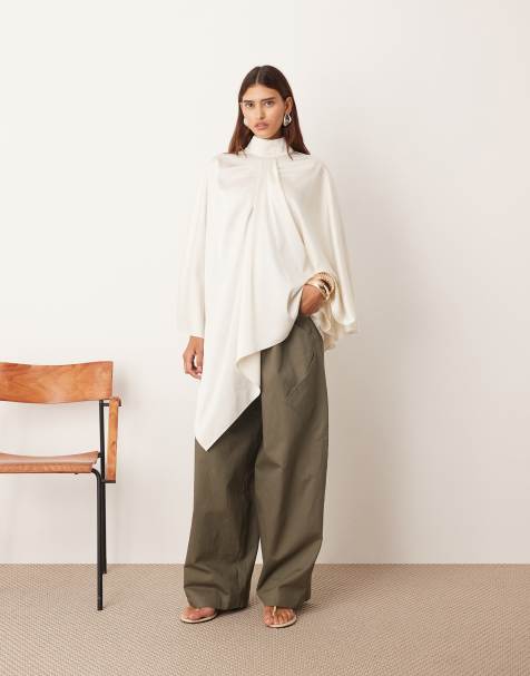 ARRANGE satin overlayer cape top in oyster - view 1