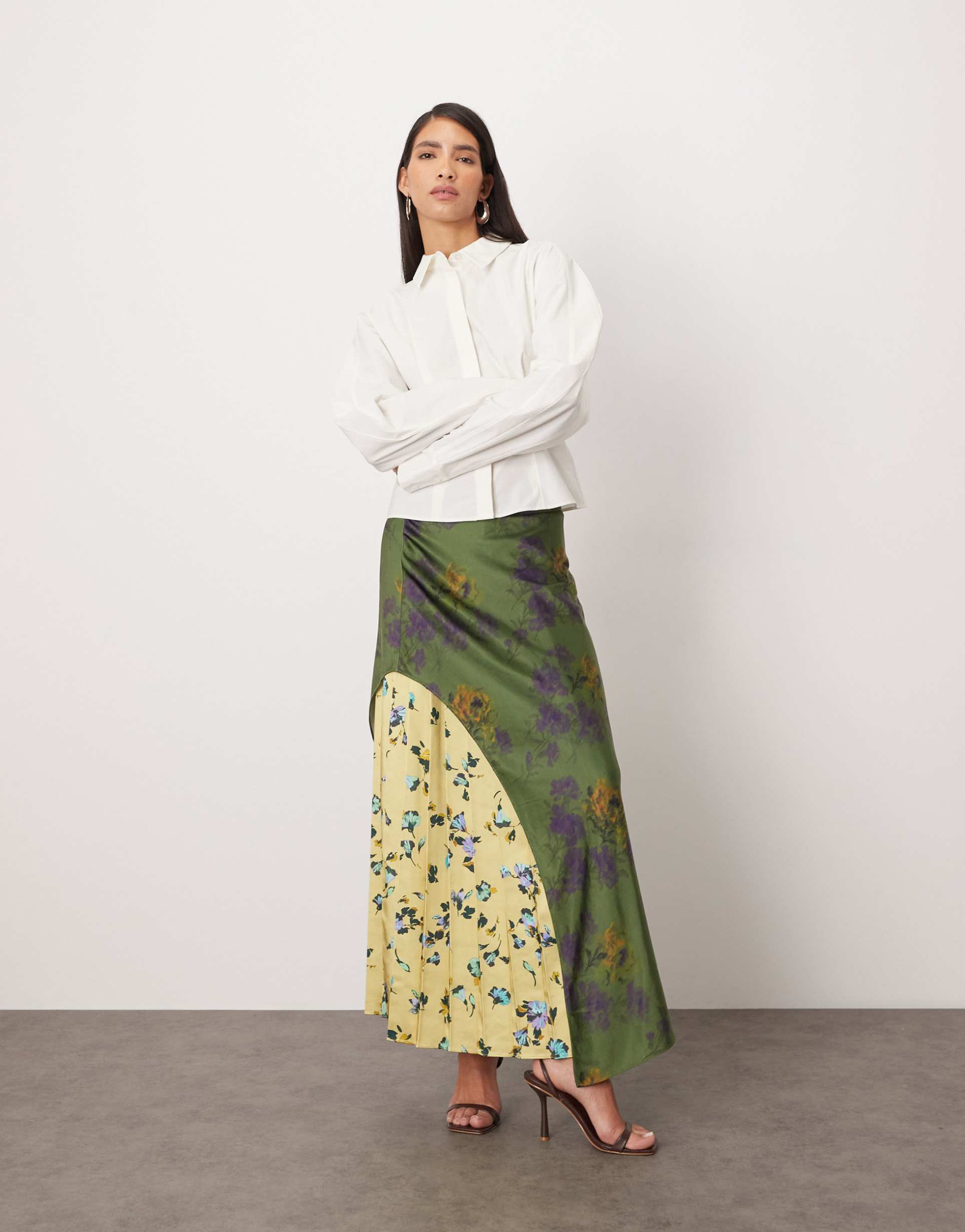 arrange satin pleat mix midi skirt in spliced floral print