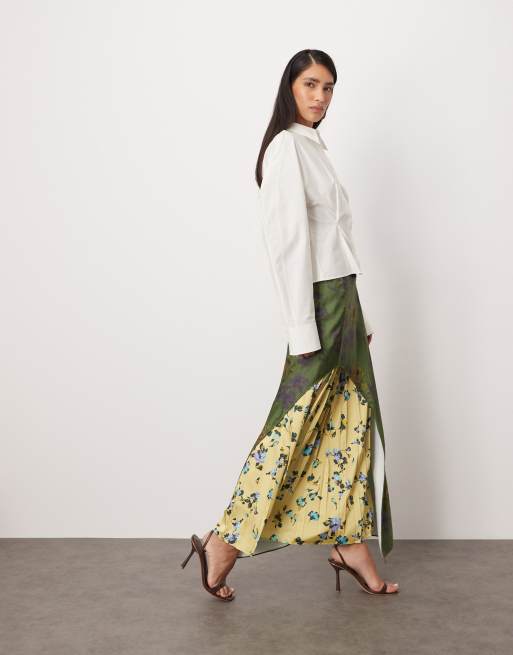 ARRANGE satin pleat mix midi skirt in spliced floral print, 3 of 5