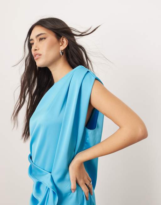 ARRANGE satin side drape off shoulder maxi dress in bright blue, 2 of 4