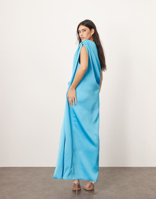 ARRANGE satin side drape off shoulder maxi dress in bright blue, 3 of 4