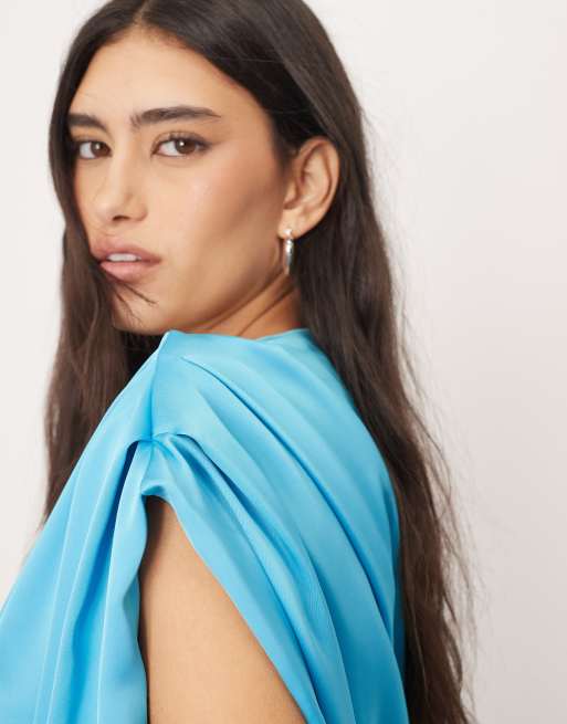 ARRANGE satin side drape off shoulder maxi dress in bright blue, 4 of 4