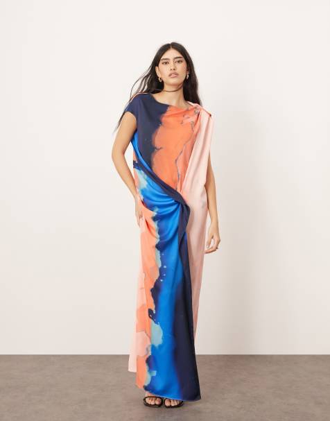 ARRANGE satin side drape off shoulder maxi dress in ombre print - view 1
