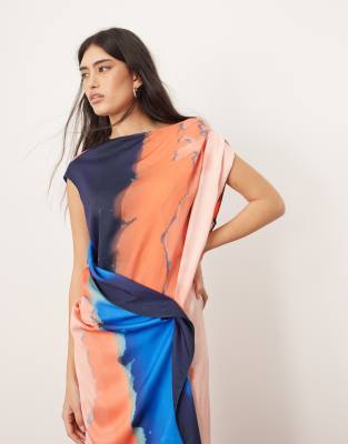 ARRANGE satin side drape off-shoulder maxi dress in ombre print