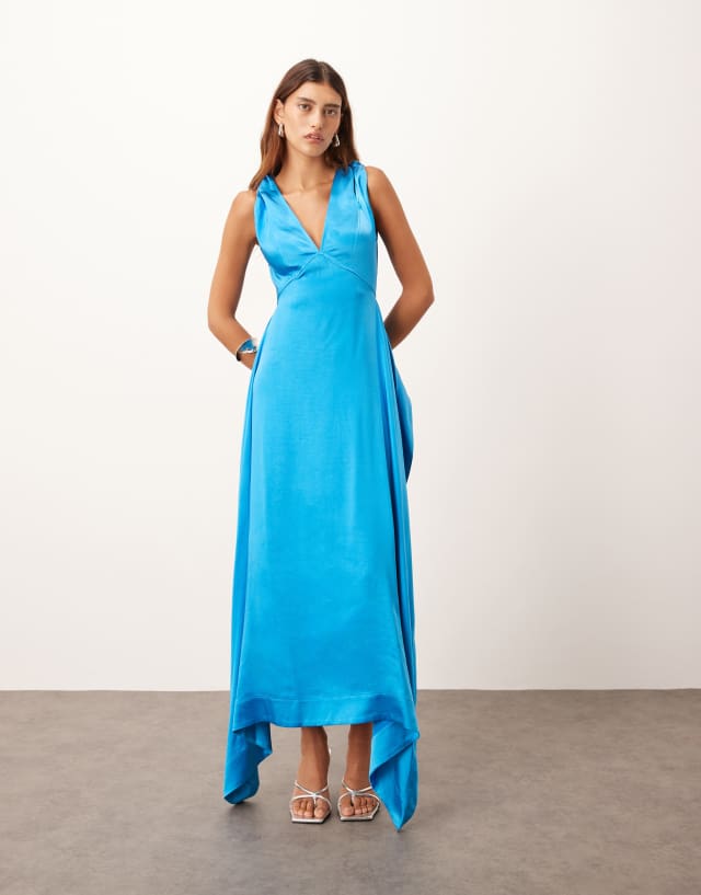 azure blue dresses ARRANGE satin square cut maxi dress with twist shoulders in Select your size:18