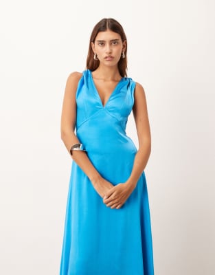 Arrange Satin Square Cut Maxi Dress With Twist Shoulders In Blue