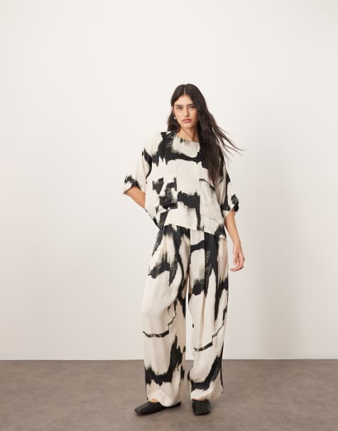 ARRANGE satin straight leg trouser co-ord in mono abstract print - view 1