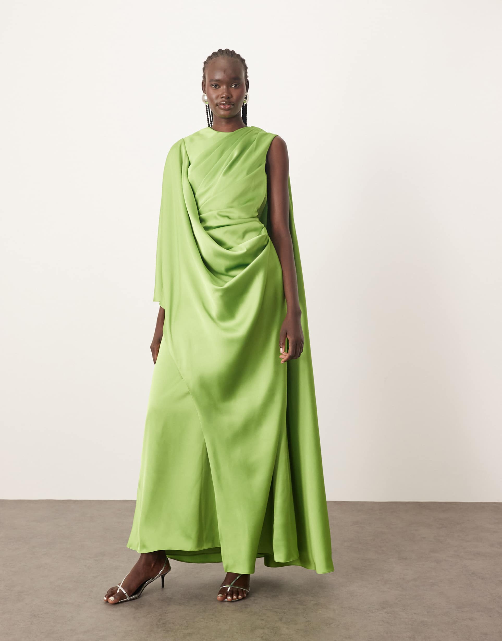 arrange satin ultimate draped shoulder maxi dress with back detail in bright green