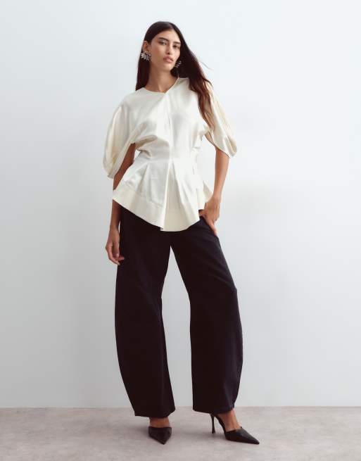 ARRANGE satin volume sleeve peplum top in ivory, 2 of 4