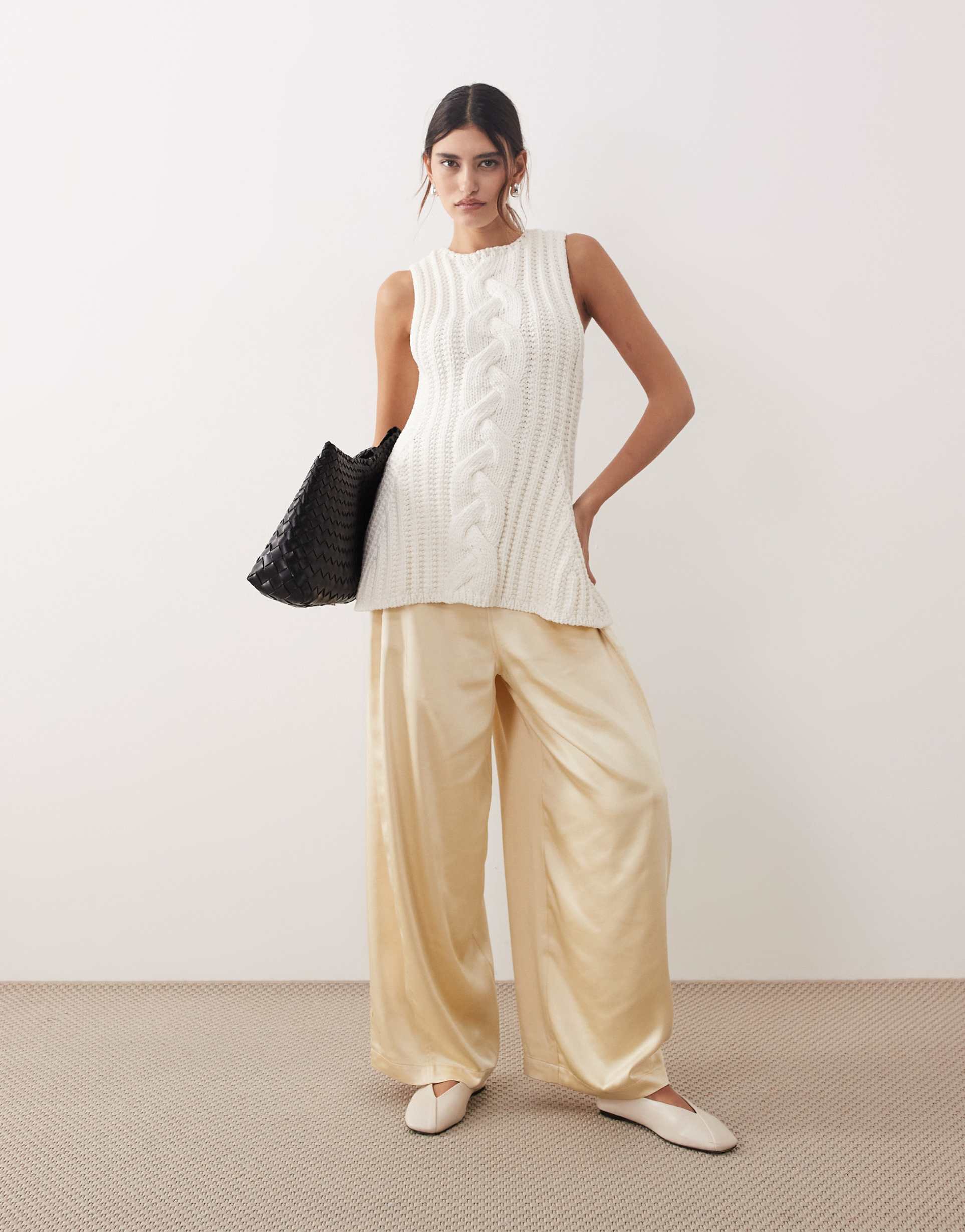 arrange satin wide leg pants in cream