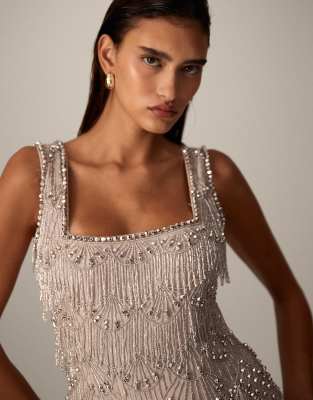 Arrange Curve Scallop Beaded Fringe Square Neck Top In Silver