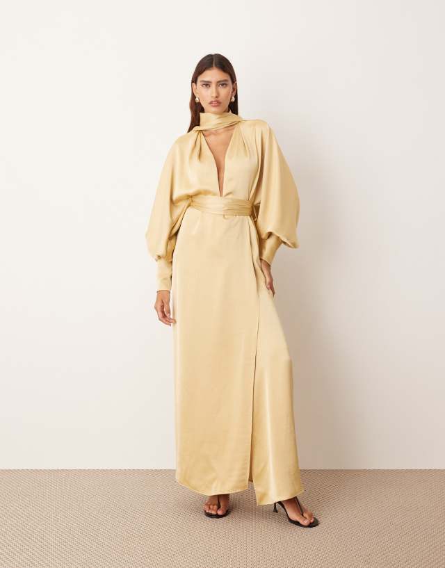 much obliged golden yellow wrap maxi dress ARRANGE scarf neck blouson sleeve column in gold Maxi lulus