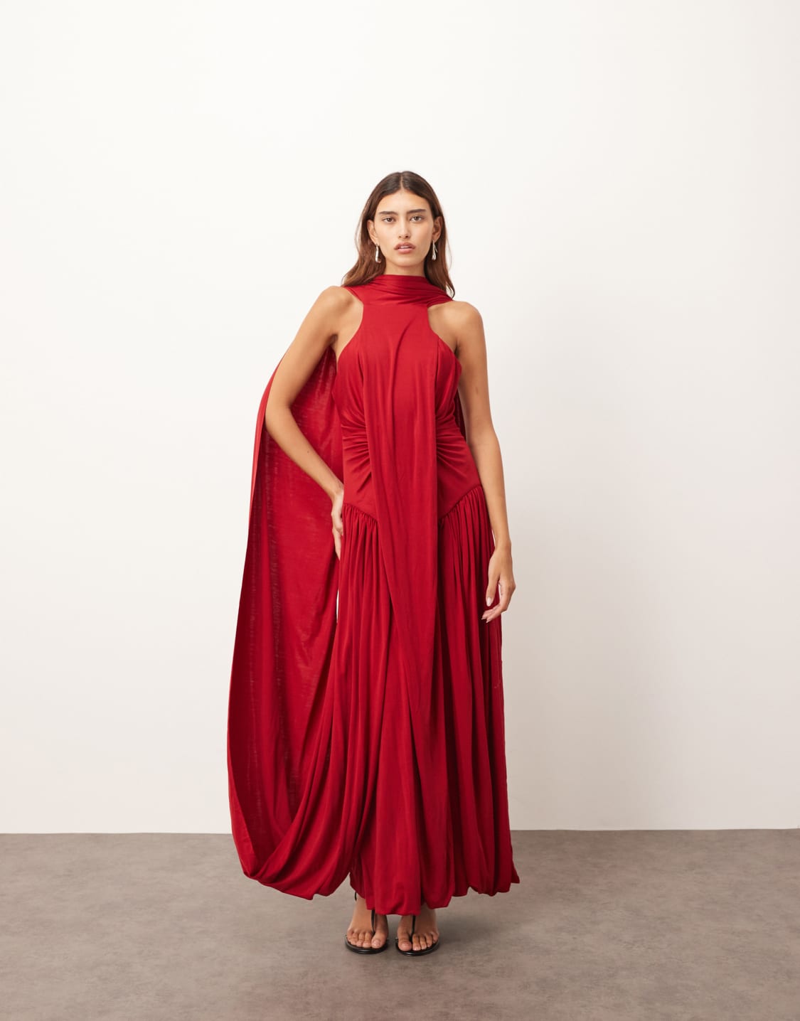 ARRANGE scarf neck draped hem open back maxi dress in burgundy